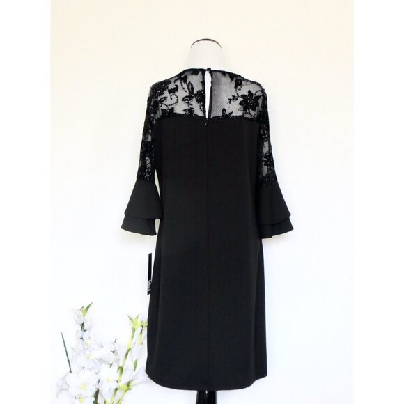 NEW! Leslie Fay Velvet Floral Lace Shift Dress Tiered Ruffle Sleeves Black SZ 12 - Picture 5 of 9